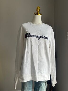 Champion White Crewneck Sweatshirt with Navy Script and Red Accent